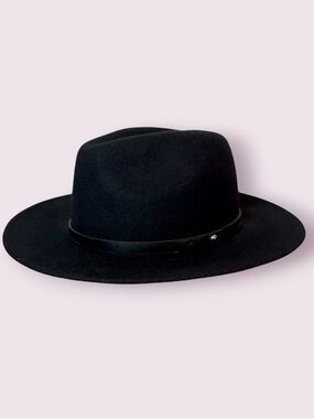 Free People Wythe Leather Band Wool Felt Fedora Rancher Hat Black One Size